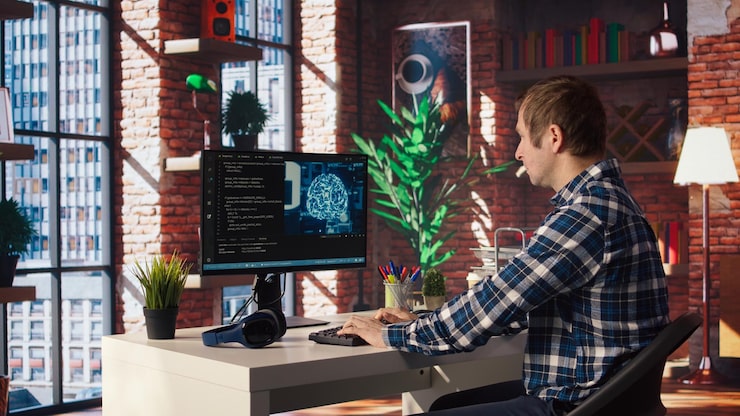 Entwickler am Computer arbeitet an Code